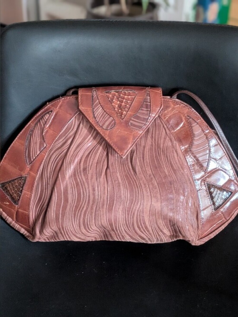 Vintage 1980's High Fashion Textured Leather Eye Shape Purse. Made In Italy